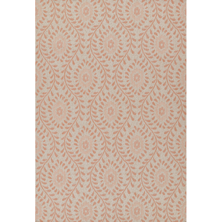Coral and Beige Floral Synthetic Rectangular Area Rug