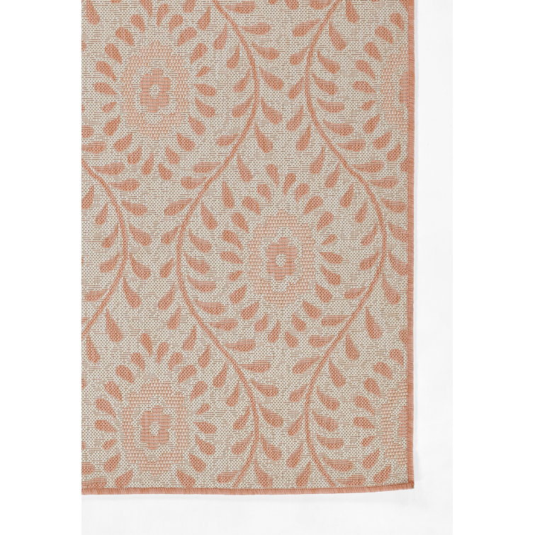 Coral and Beige Floral Stain-Resistant Synthetic Area Rug