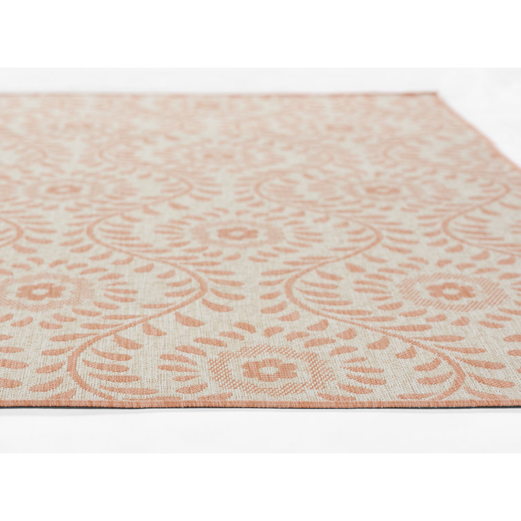 Coral and Beige Floral Synthetic Rectangular Area Rug