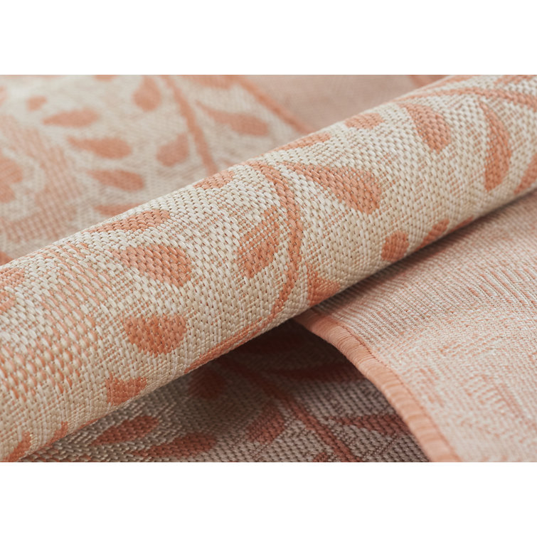 Coral and Beige Floral Stain-Resistant Synthetic Area Rug