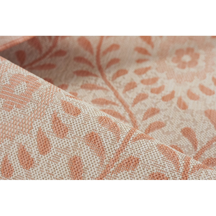 Coral and Beige Floral Stain-Resistant Synthetic Area Rug