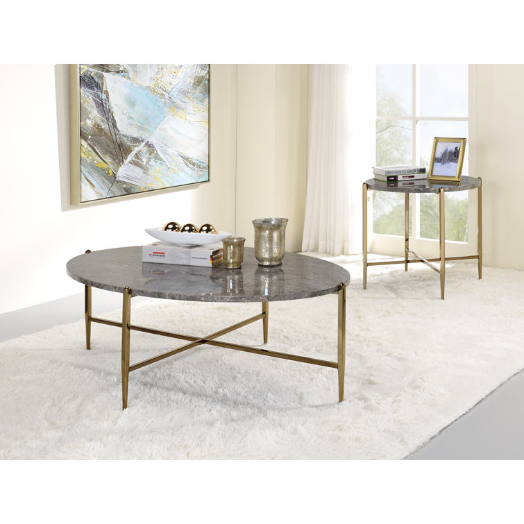 Elysian 26" Champagne Gold Round Stone & Metal End Table