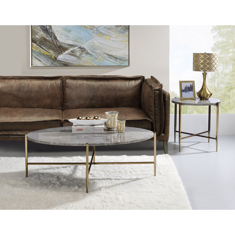 Elysian 26" Champagne Gold Round Stone & Metal End Table