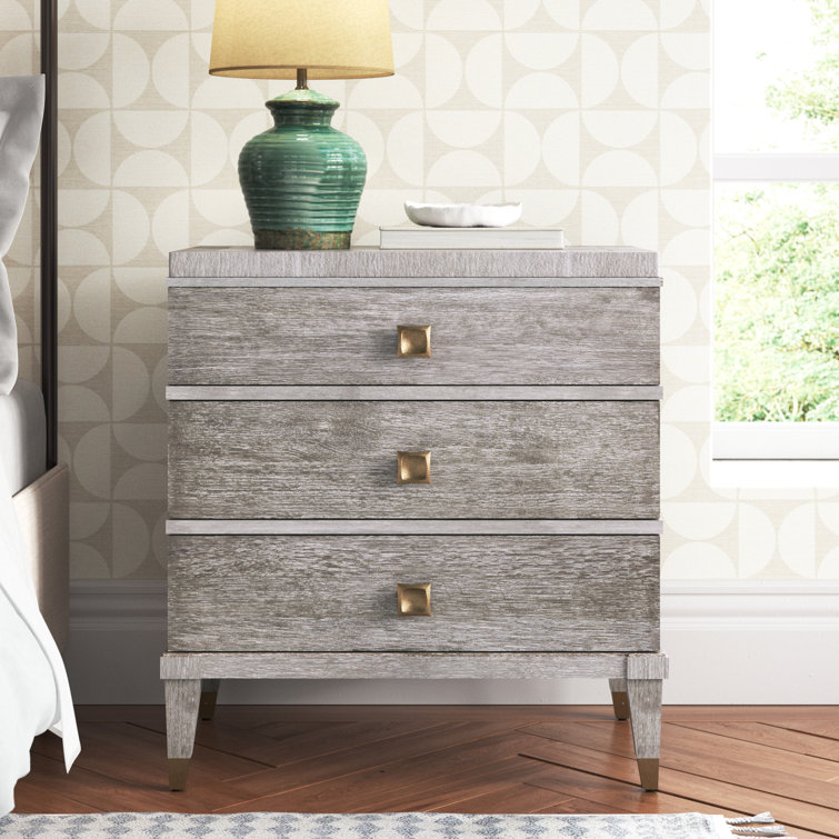 Transitional Brown Oak 3-Drawer Nightstand with Brass Accents