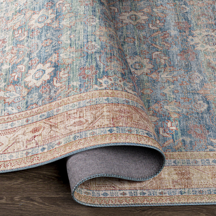 Easy Care Washable Blue Synthetic 5' x 7' Rectangular Rug