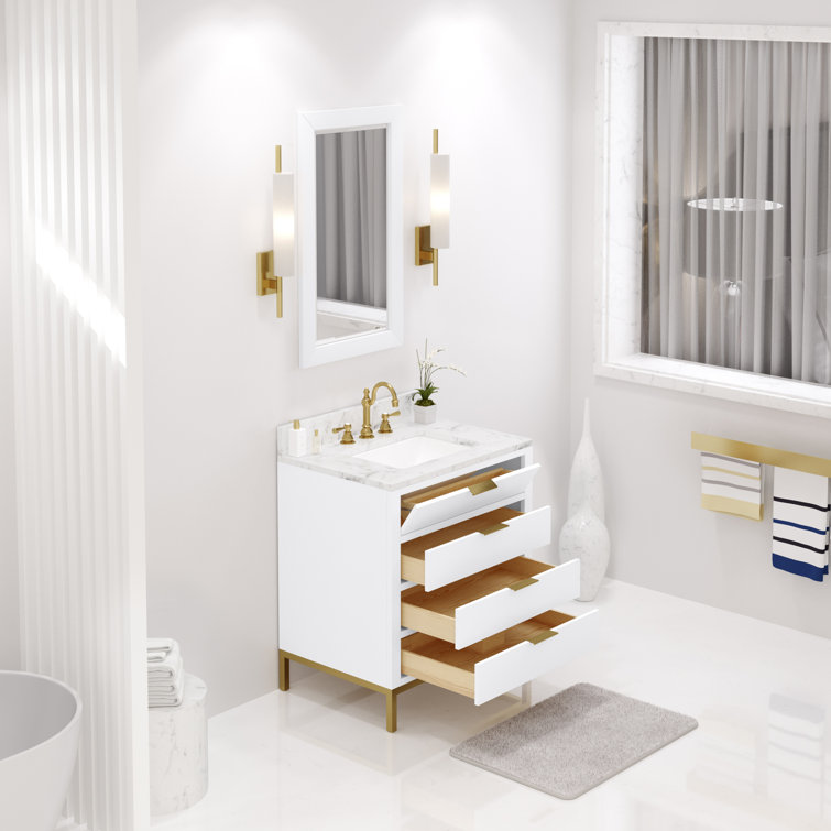 Pure White and Gold 30" Single Bathroom Vanity with Marble Top