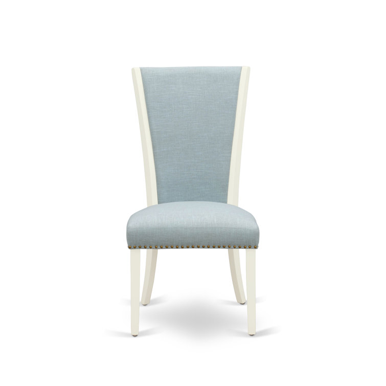 Linen White Round Pedestal Table with Baby Blue Fabric Chairs