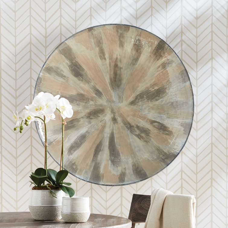 Hand-Painted Round Beige and Gray Metal Decorative Plate