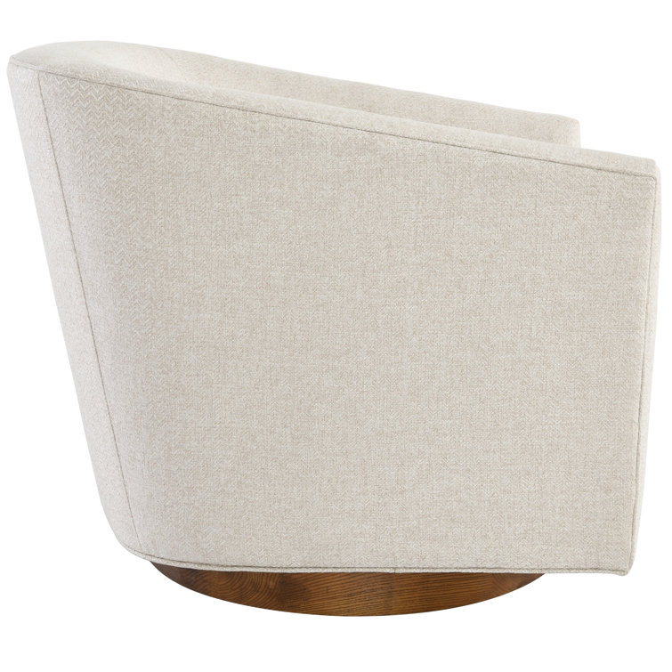 French Beige Basketweave Swivel Accent Chair with Wood Base