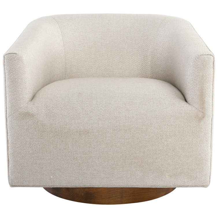French Beige Basketweave Swivel Accent Chair with Wood Base