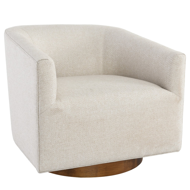 French Beige Basketweave Swivel Accent Chair with Wood Base
