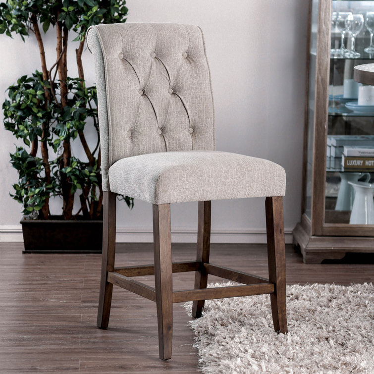 Oak Brown and Ivory Cream Tufted Counter Stool with Padded Seat