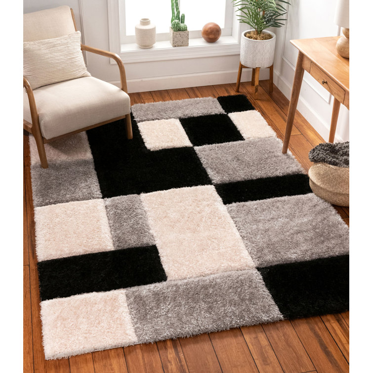 San Francisco Black and Gray Geometric Shag Area Rug 5' x 7'