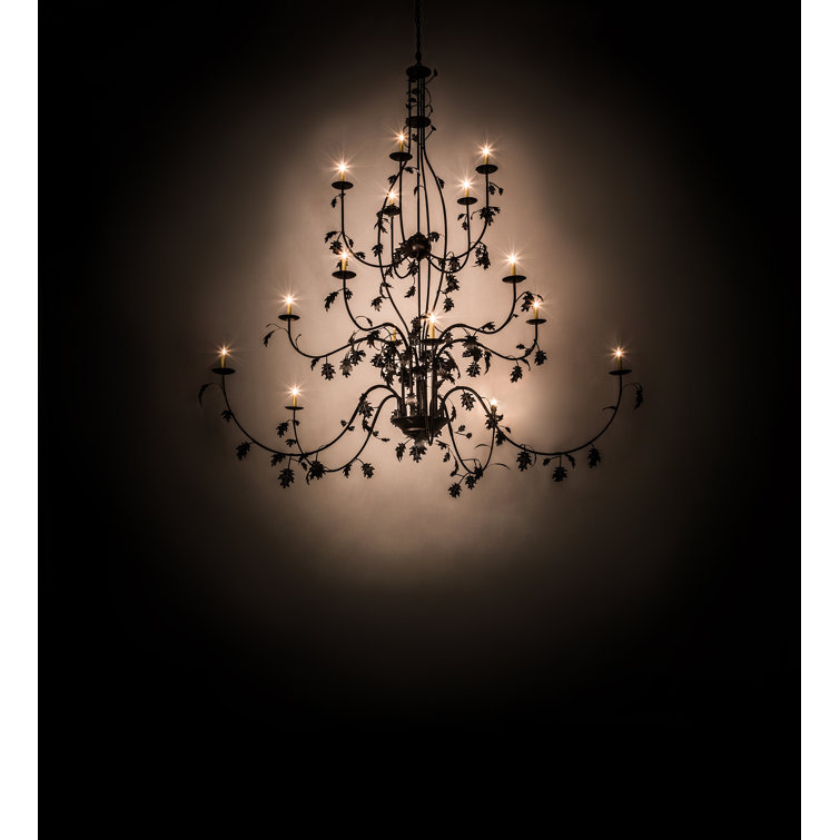 Mahogany Bronze Oak Leaf 15-Light Tiered Chandelier with Ivory Glass