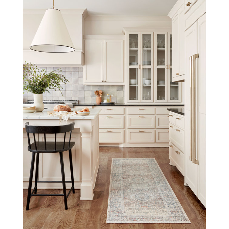 Light Blue and Beige Rectangular Synthetic Runner Rug