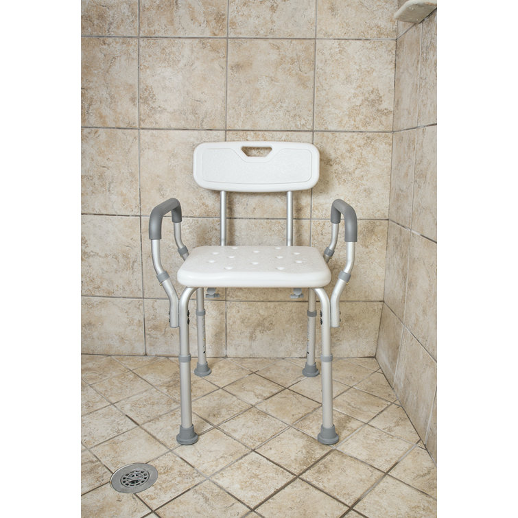 Height Adjustable White Plastic Shower Bench with Padded Arms