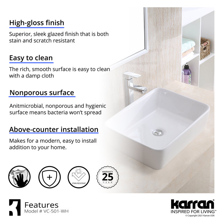Valera 19" White Ceramic Rectangular Vessel Bathroom Sink
