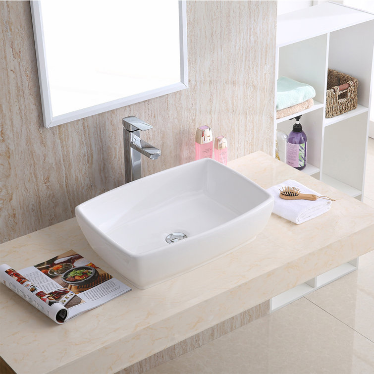 White Ceramic Rectangular Above-Counter Vessel Sink