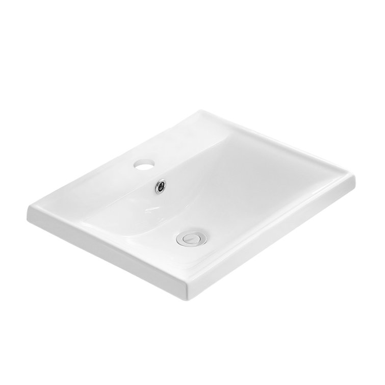 White Ceramic Rectangular Top Mount Bathroom Sink with Overflow Drain