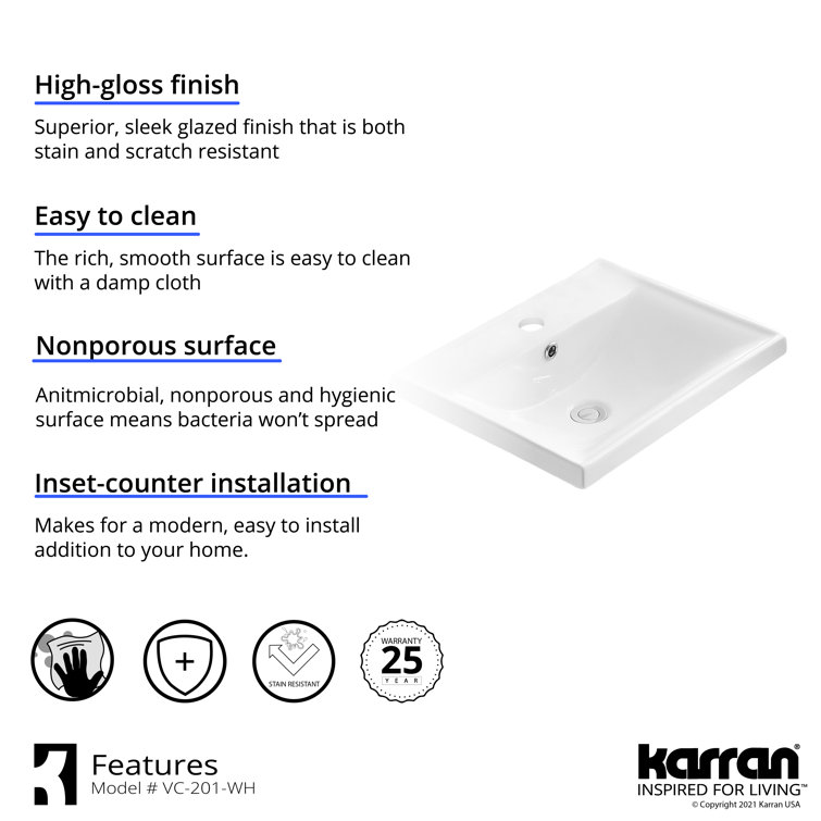 White Ceramic Rectangular Top Mount Bathroom Sink with Overflow Drain
