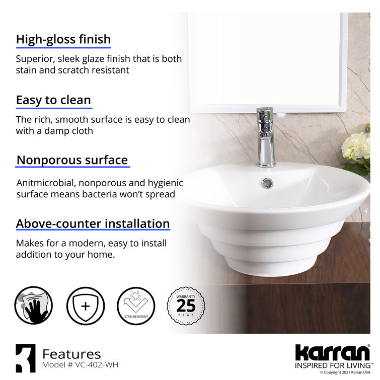 White Ceramic Round Vessel Bathroom Sink with Overflow Drain