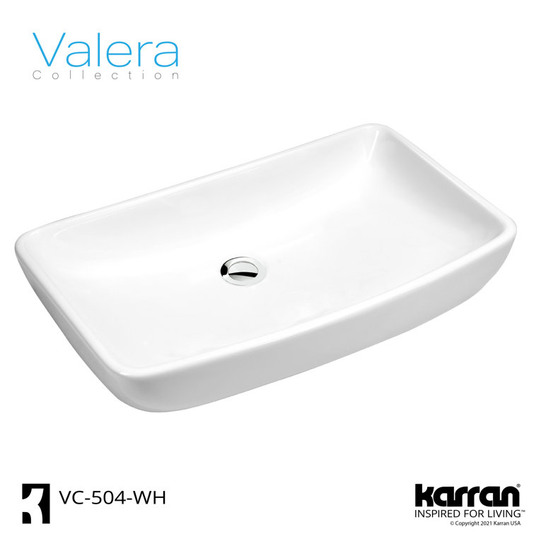 Elegant Valera 24" White Ceramic Rectangular Vessel Bathroom Sink
