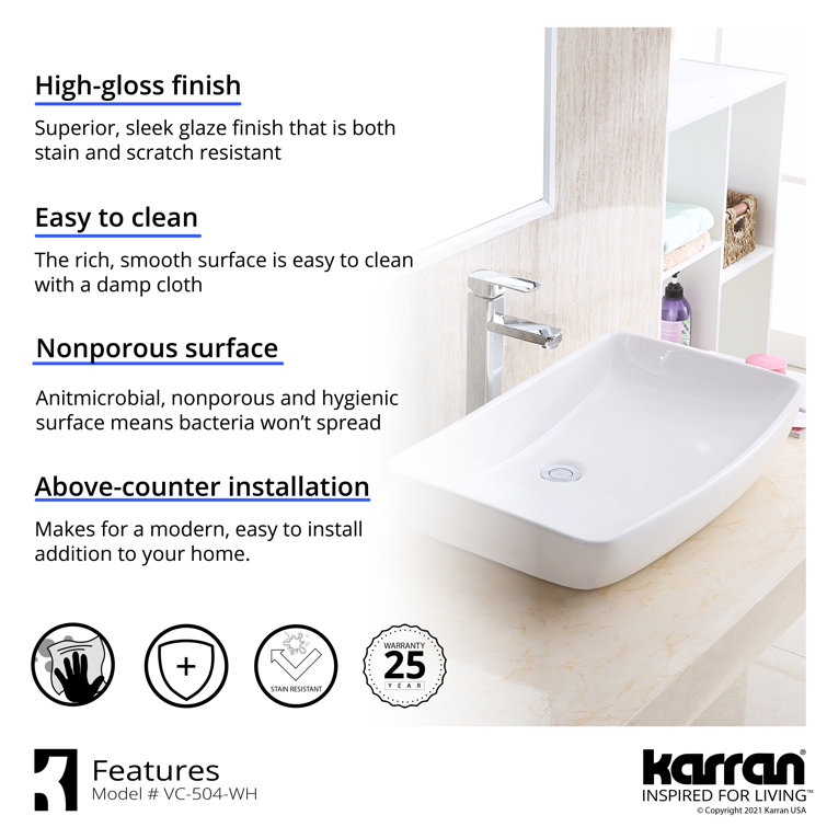 Elegant Valera 24" White Ceramic Rectangular Vessel Bathroom Sink