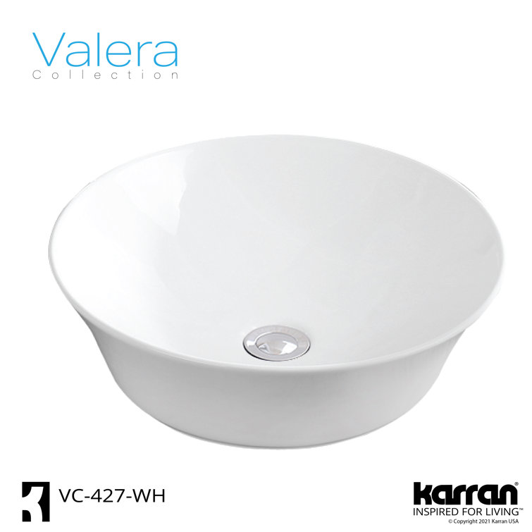 Valera White Ceramic Round Vessel Bathroom Sink, 16.5 inches