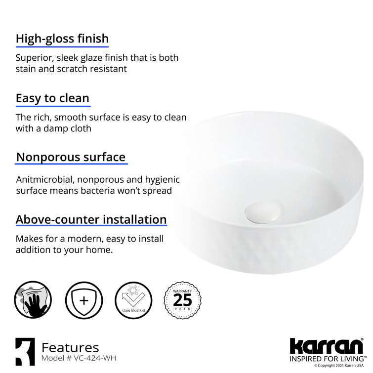 Valera 14-Inch White Ceramic Round Undermount Bathroom Sink