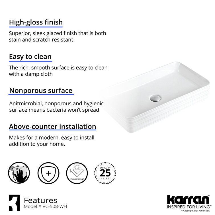 Valera 26-Inch White Ceramic Rectangular Vessel Sink
