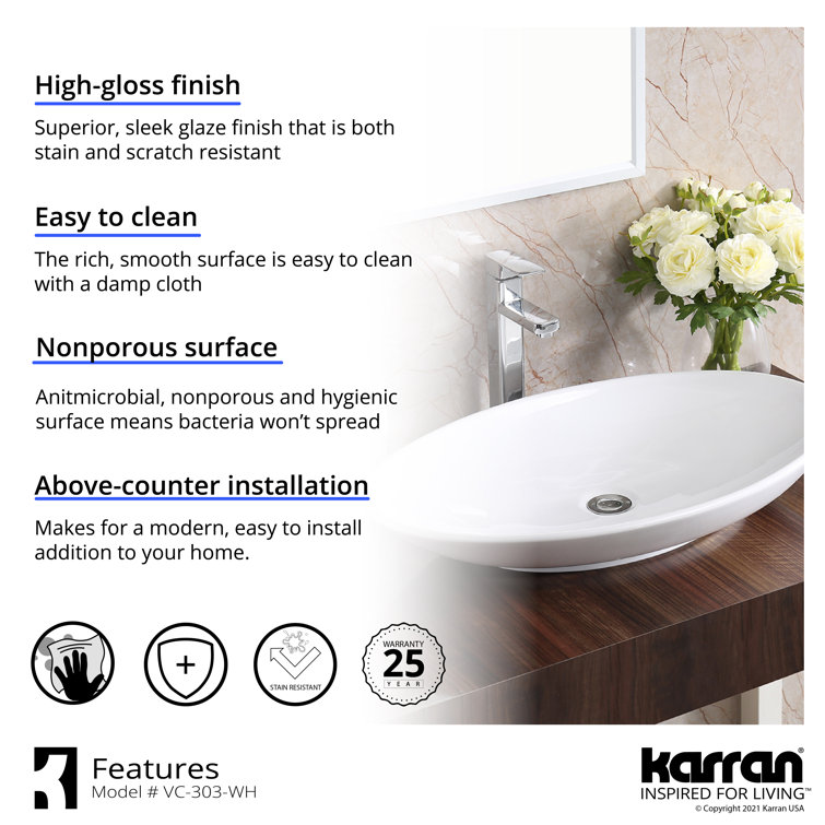Valera 27" White Ceramic Oval Vessel Bathroom Sink