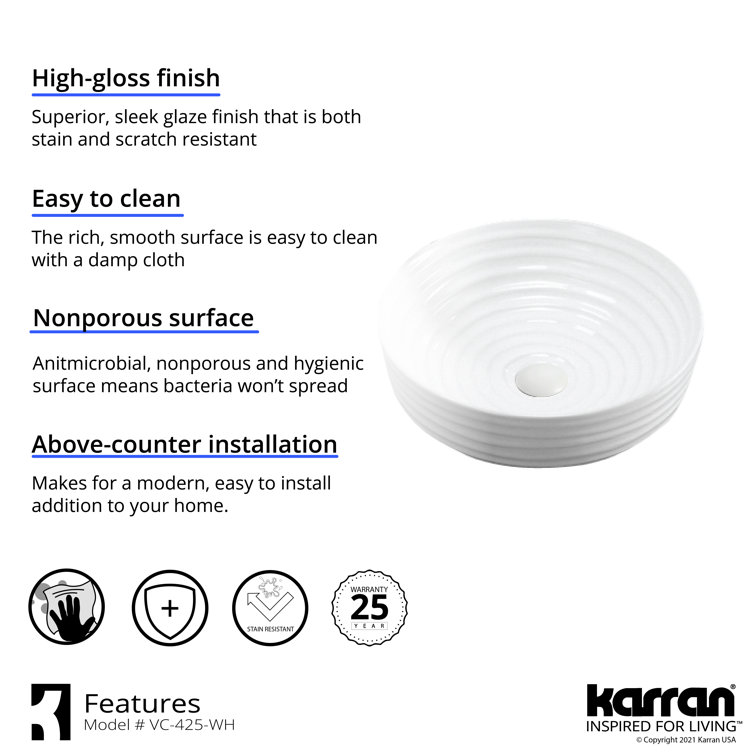 Valera 16" White Circular Vitreous China Vessel Bathroom Sink