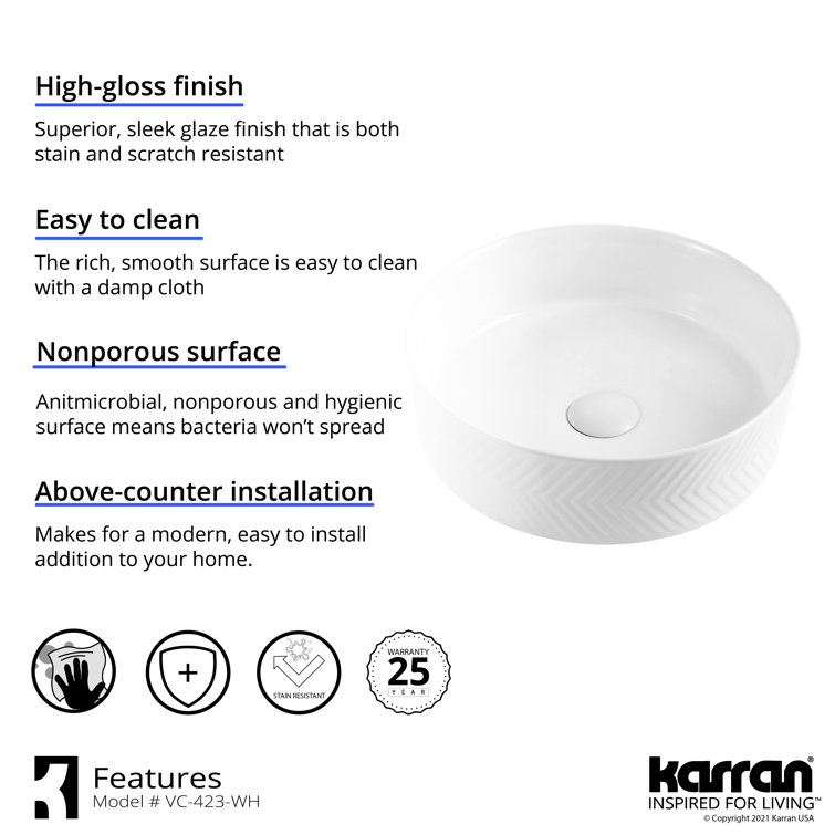 White Round Ceramic Undermount Bathroom Sink with Herringbone Design