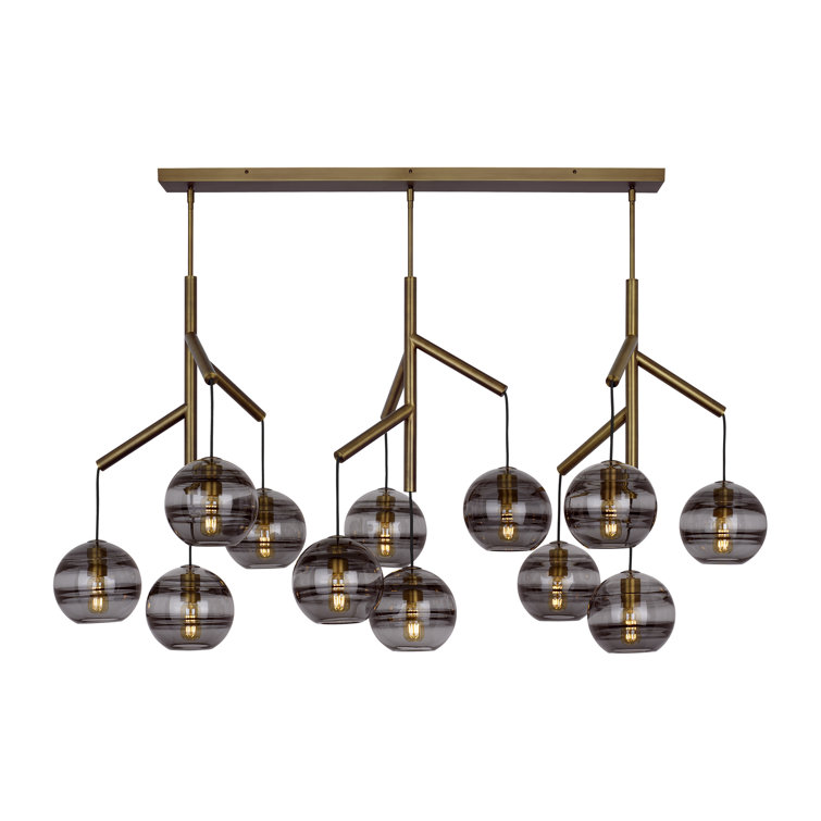 Aged Brass 12-Light Chandelier with Transparent Smoke Glass Shades