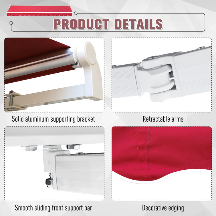 Wine Red Manual Retractable Patio Awning with Aluminum Frame