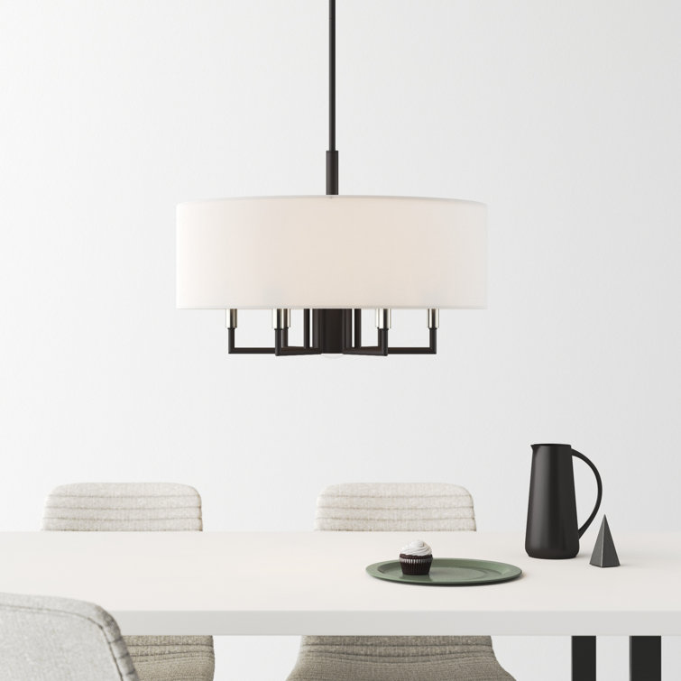 Black Metal Drum Chandelier with White Linen Shade
