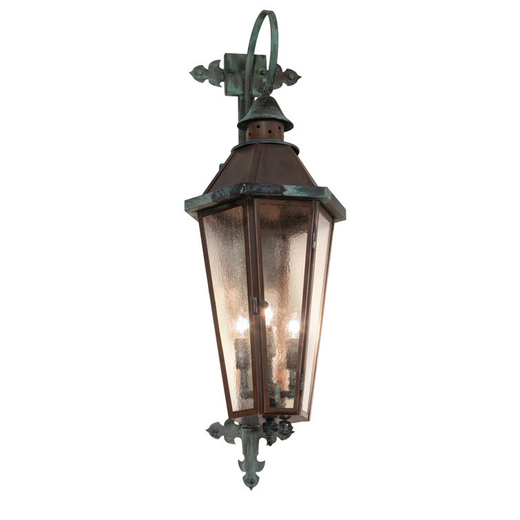 Verdigris Copper Lantern Sconce with Clear Seeded Glass