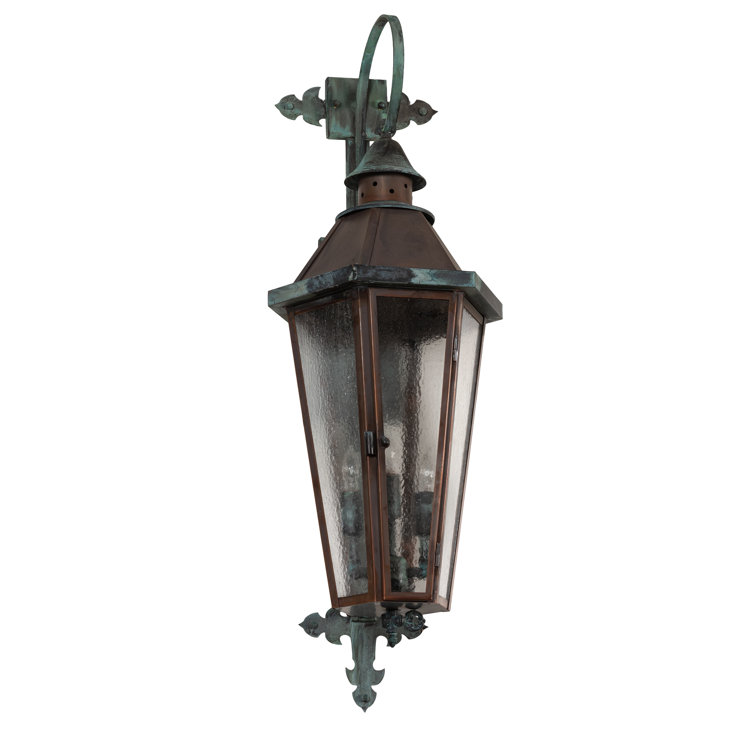 Verdigris Copper Lantern Sconce with Clear Seeded Glass