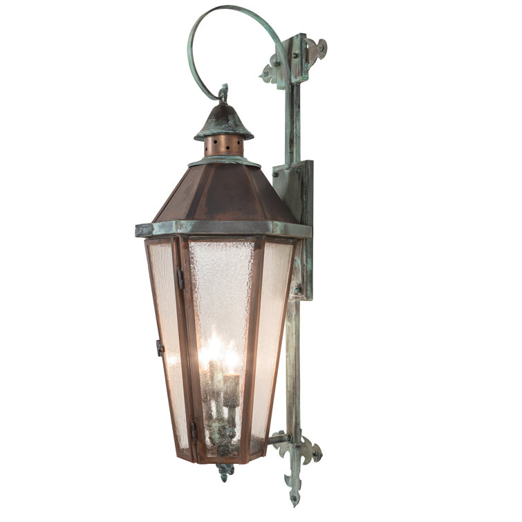 Verdigris Copper Lantern Sconce with Clear Seeded Glass