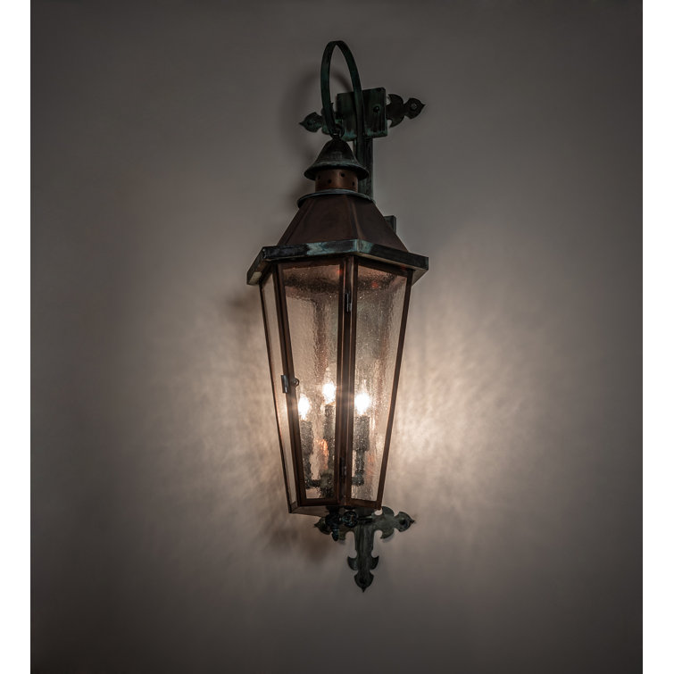 Verdigris Copper Lantern Sconce with Clear Seeded Glass