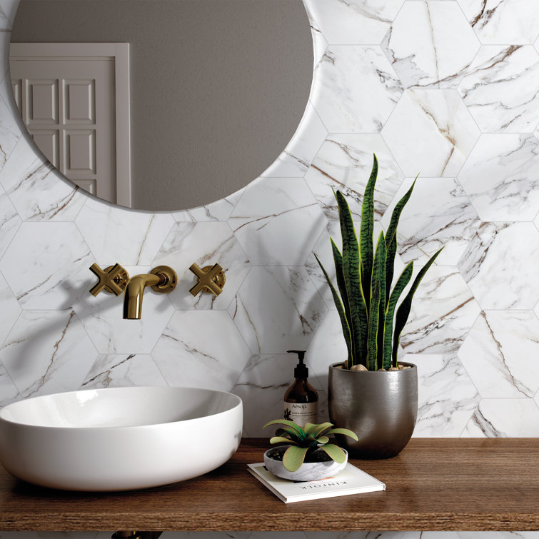 Gold Marble Look Hexagon Porcelain Tile 7.7" x 8.9"