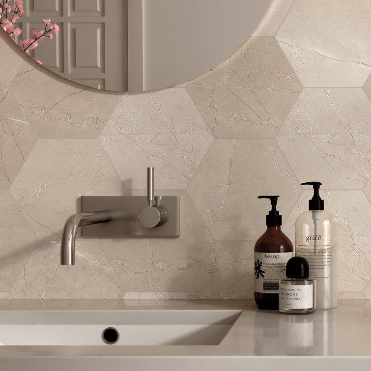 Beige Hexagon Porcelain Wall and Floor Tile 7.7" x 8.9"