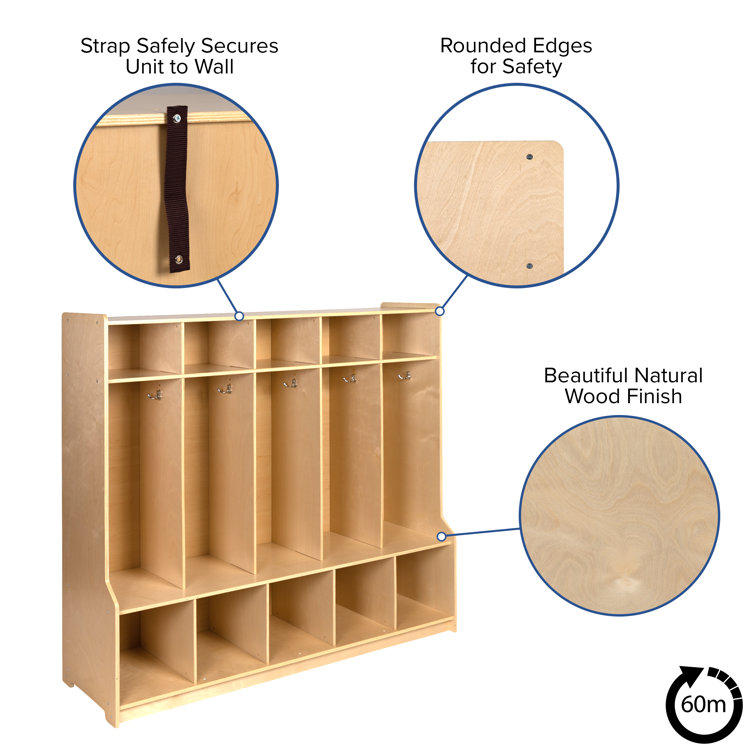 Natural Birch Wood 5-Section School Coat Locker with Bench and Cubbies