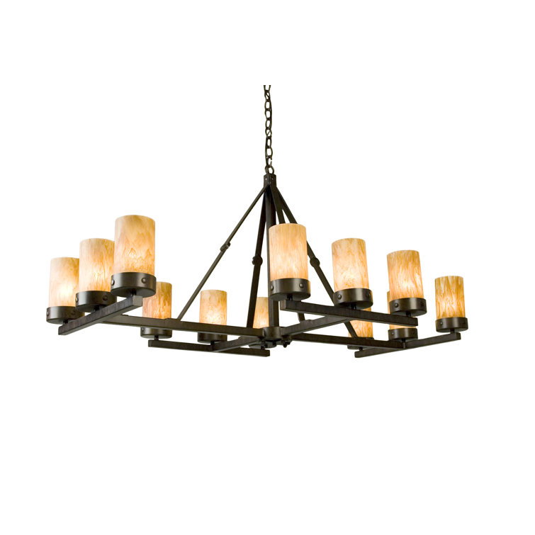 Rustic Iron 12-Light Chandelier with Amber Glass Shades