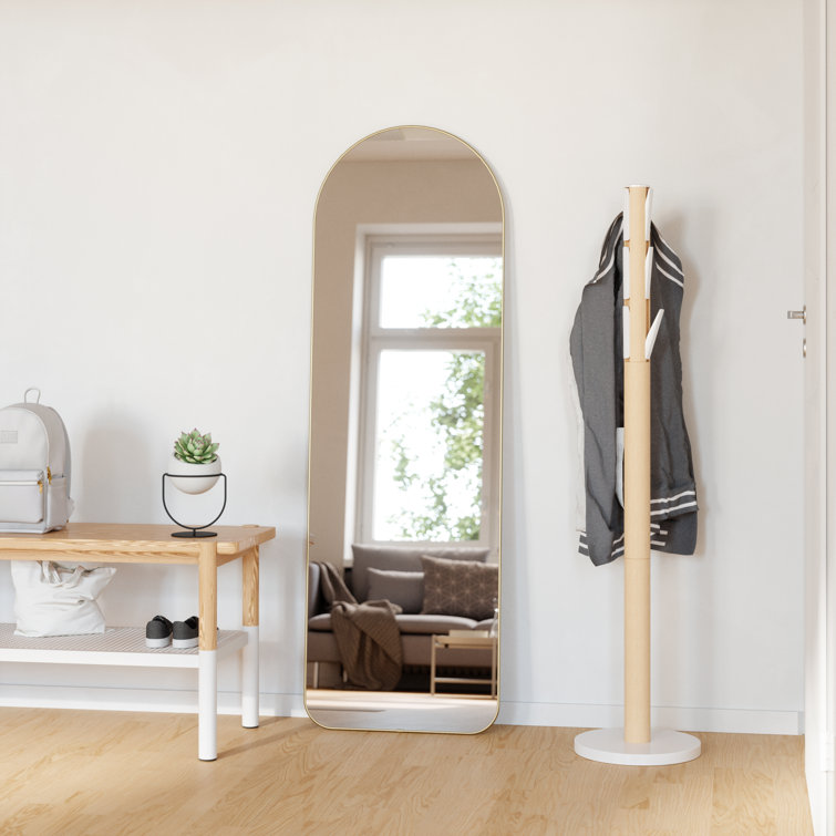 Elegant Arch Brass Leaning Floor Mirror with Sleek Metallic Rim
