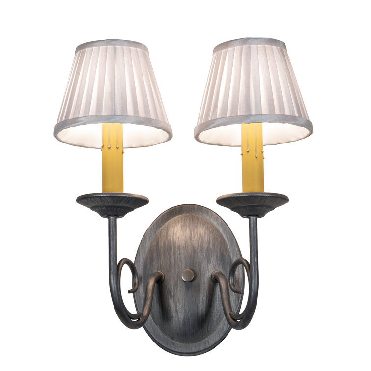 Antique Iron Dual Light Wall Sconce with Fabric Shades