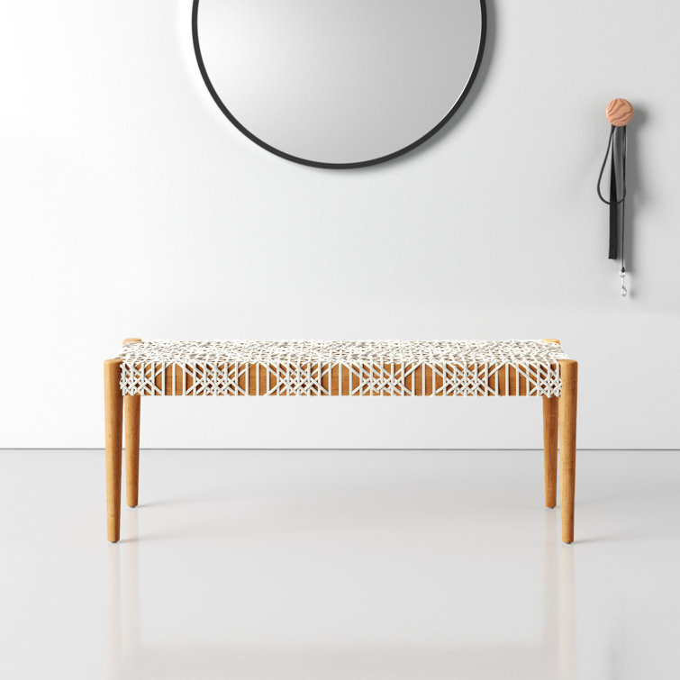 Transitional Natural Teak & Brown Leather Weave Bench, 47"
