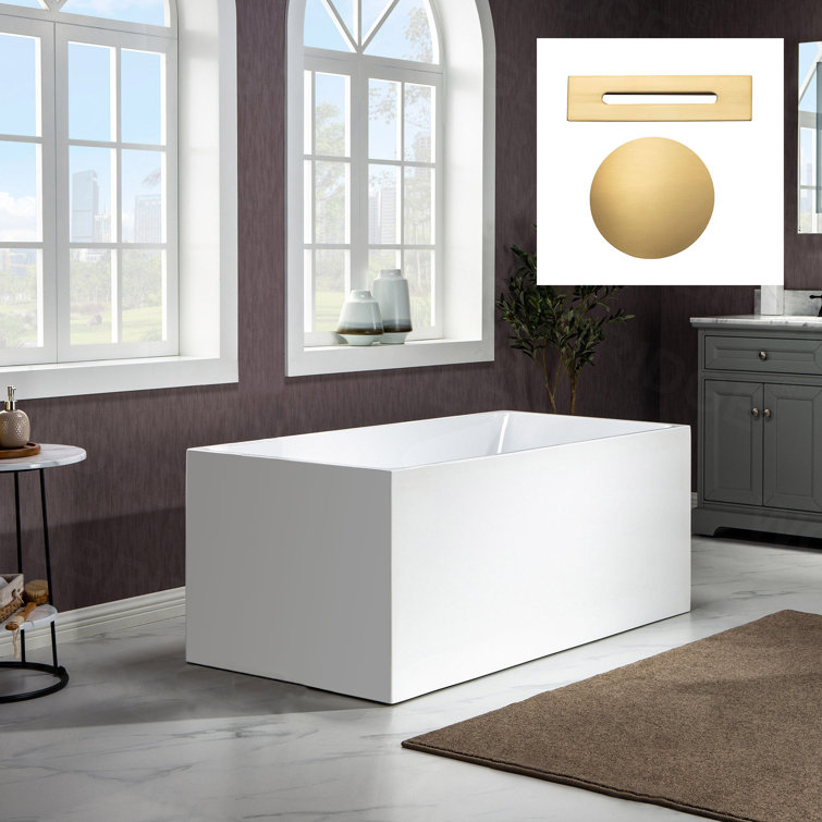 67" White Acrylic Freestanding Rectangular Bathtub with Brushed Gold Trim