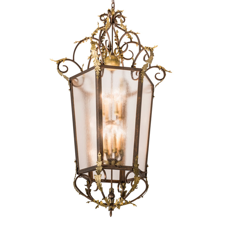 Elisa 12-Light Chocolate and Gold Glass Lantern Chandelier