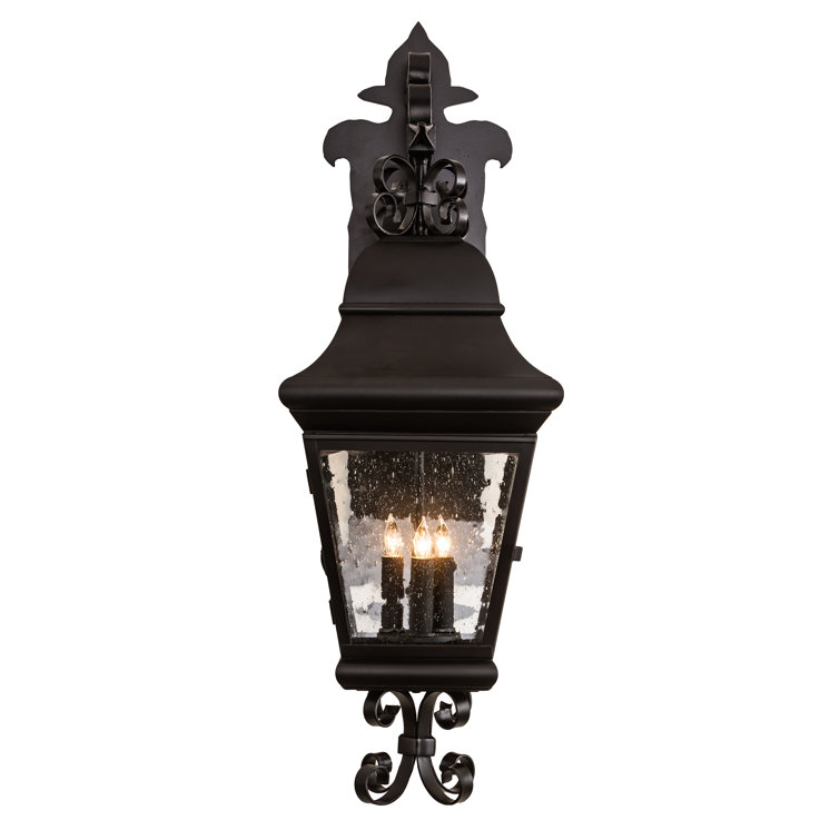 Vincente Black Iron 3-Light Lantern Wall Sconce with Seedy Glass